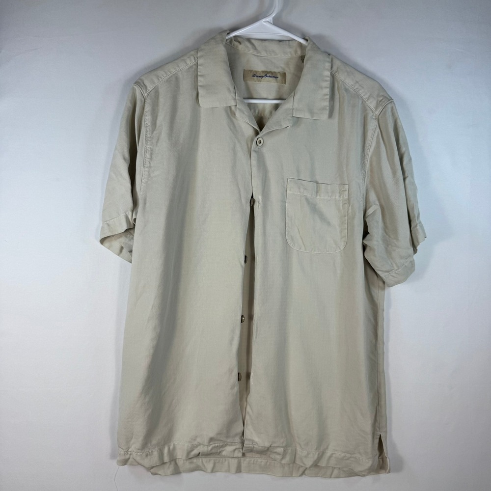 Tommy Bahama Mens Medium 100% Silk Short Sleeve Button Down Shirt Beige Tan Camp